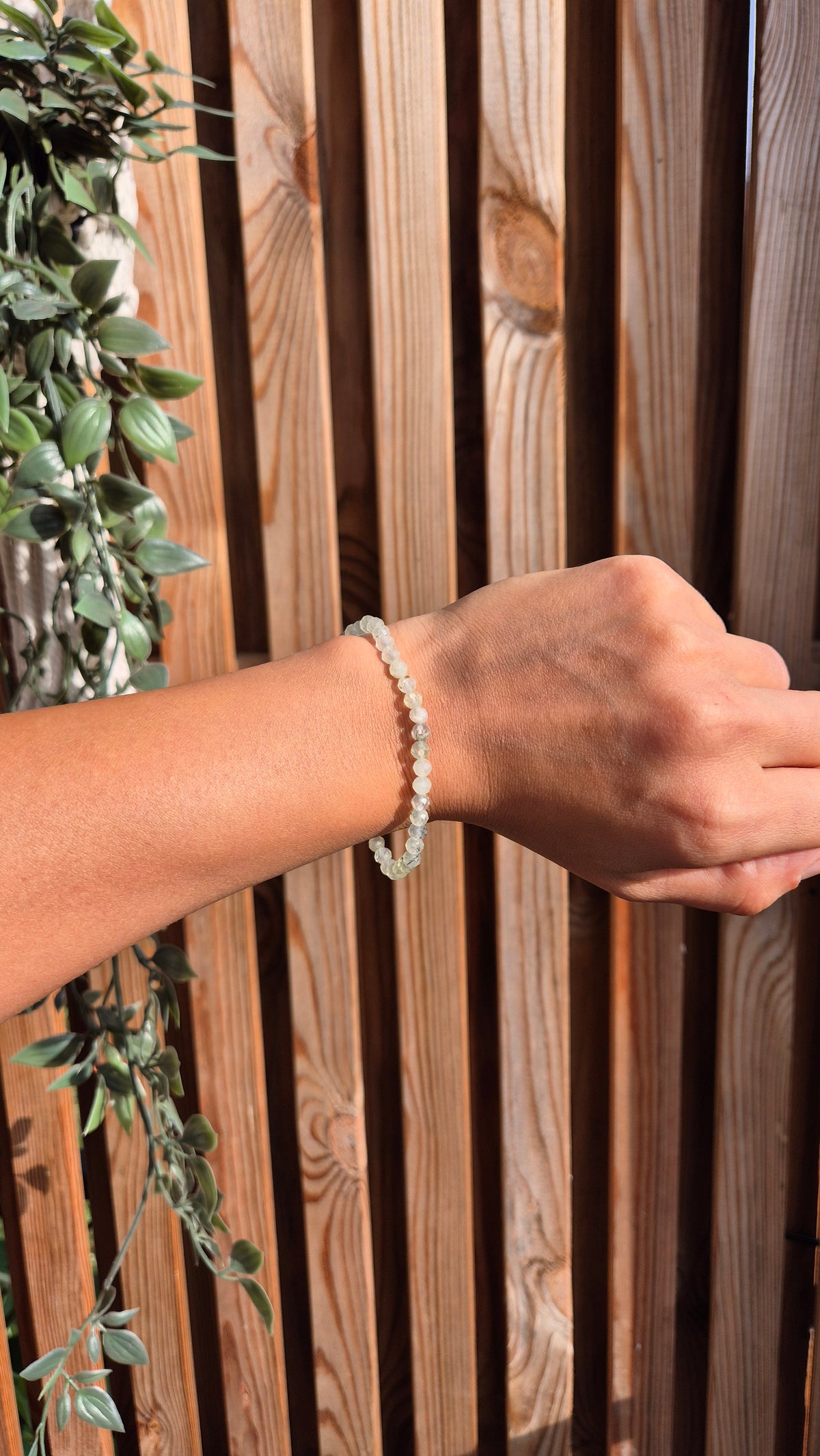 A close-up of a person's wrist wearing a delicate beaded bracelet, set against a rustic wooden slat wall with green foliage on the left.