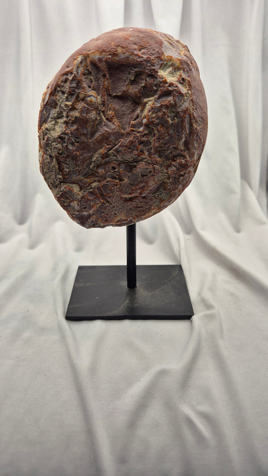 A textured brown stone or rock specimen mounted on a black display stand against a draped white fabric backdrop.