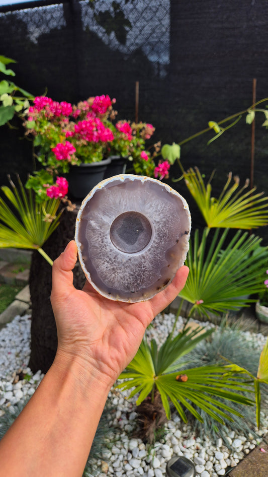 A hand holds a polished agate slice bowl in a garden setting with green plants and pink flowers in the background.