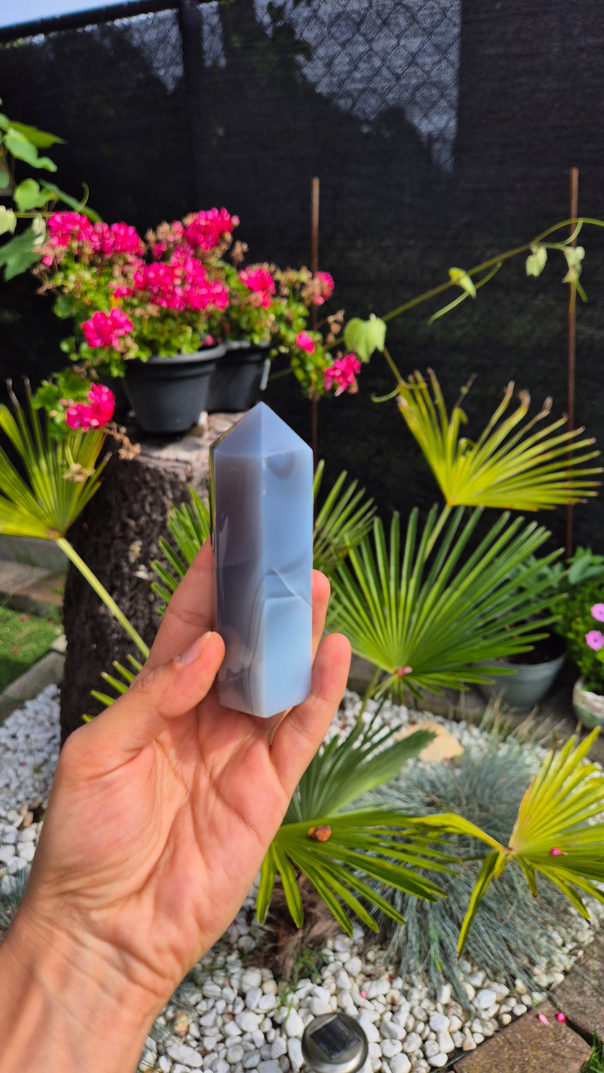 A hand holds a polished blue-gray pointed crystal tower against a garden background with green plants, pink flowers, and white gravel.