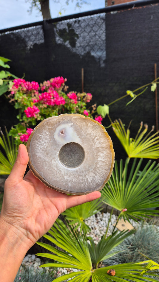 A hand holds a large polished stone slice with a circular hole in the center, set against a garden background with green plants and pink flowers.