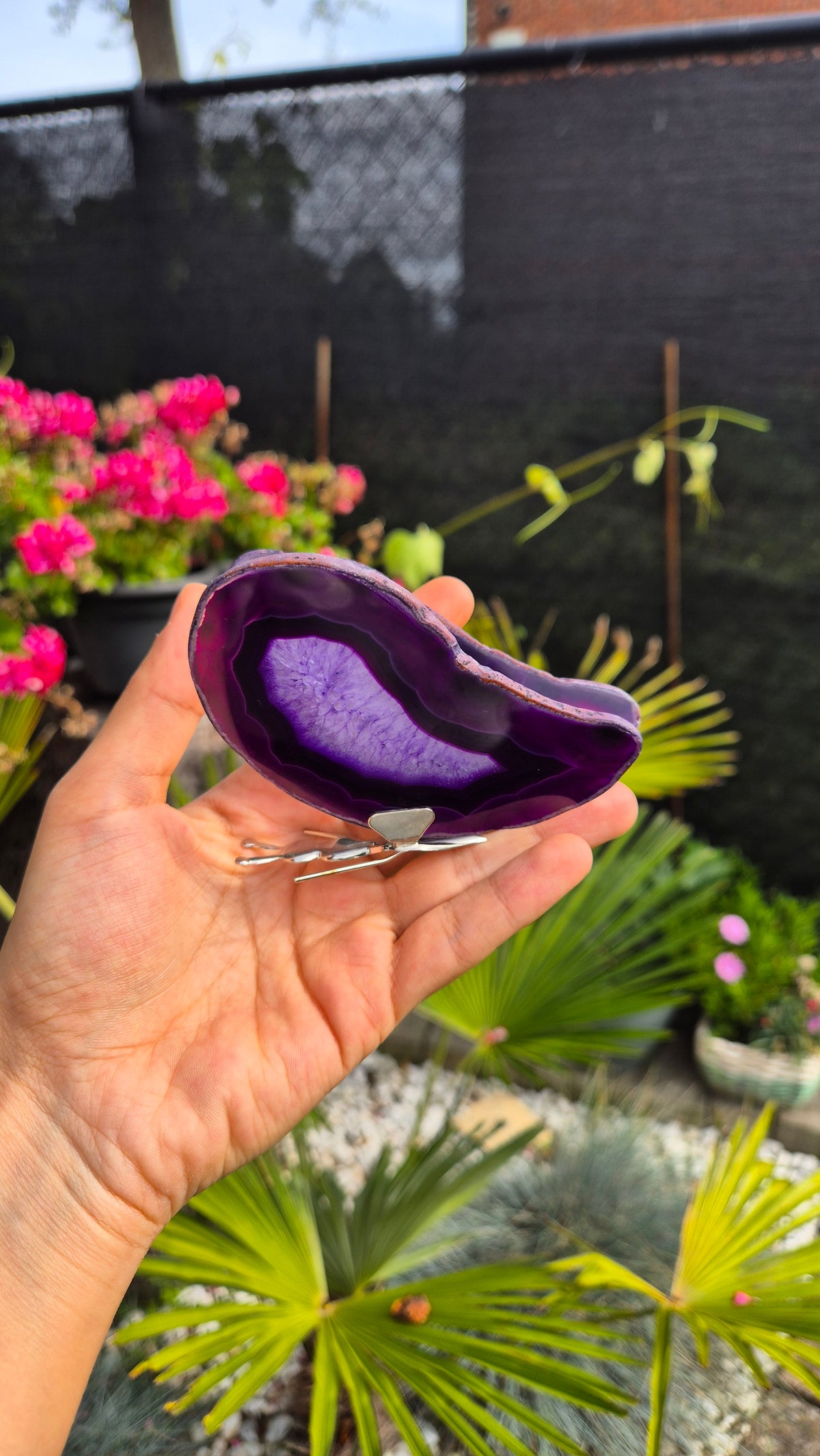 A hand holding a polished purple agate slice with a silver metal clip, set against a blurred garden background with green plants and pink flowers.