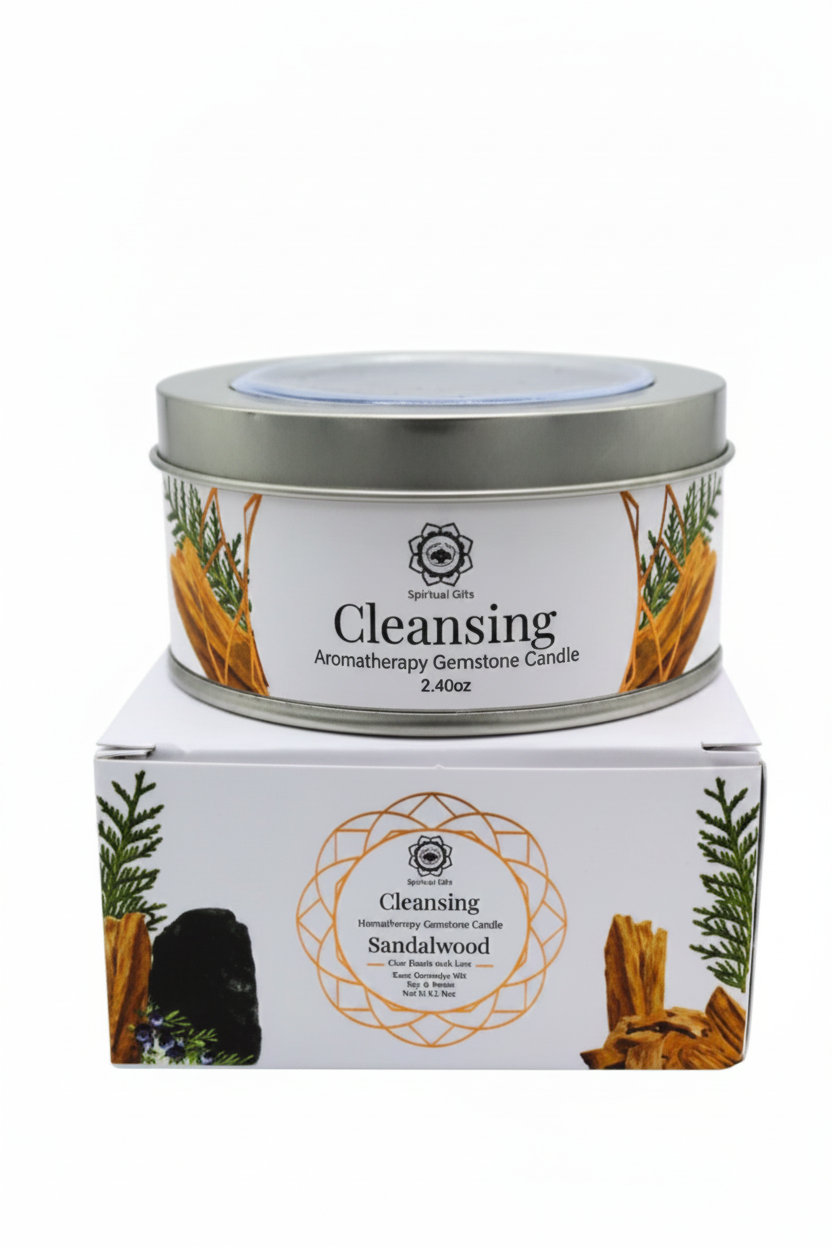 A 5-ounce cleansing aromatherapy candle shown in a silver tin with its matching box, plus an open view of the candle showing white wax, wick, and dark stone accents.